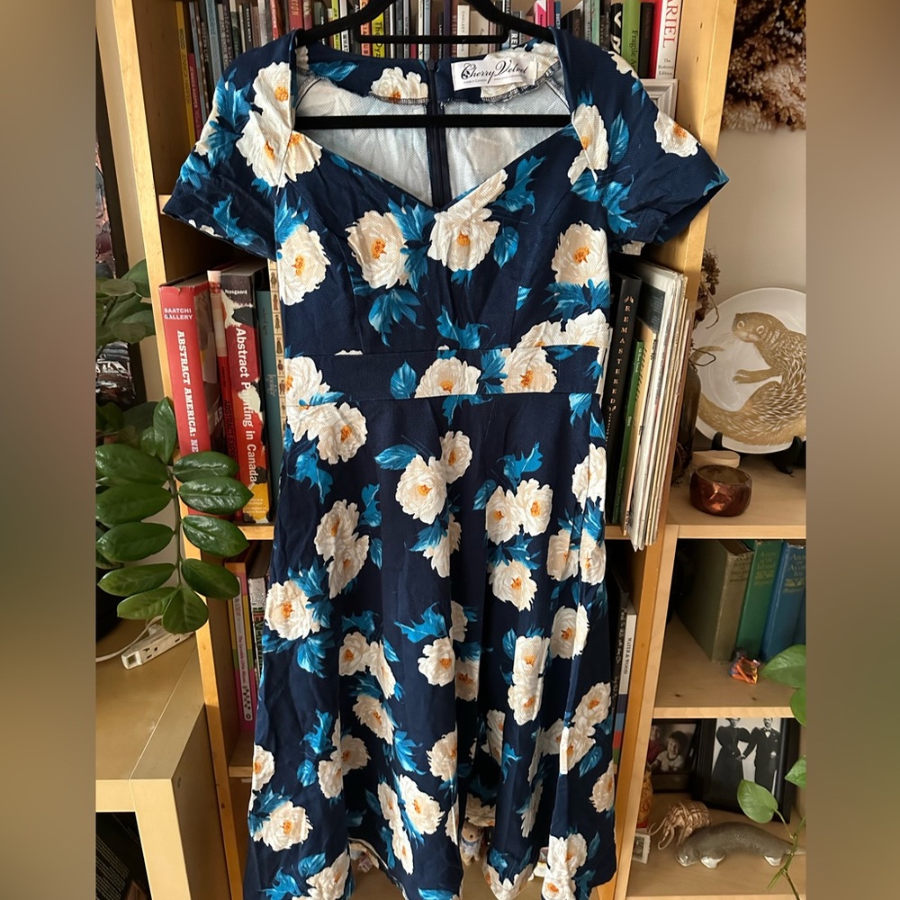 Cherry Velvet Blue Roses Retro-Style Dress